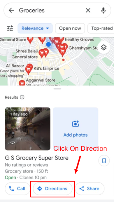 Click on Direction and follow the route to reach store