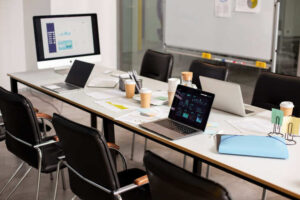 IT workstation with desktop and laptop