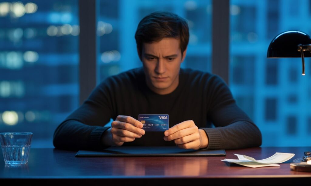 man Patiently looking at credit card